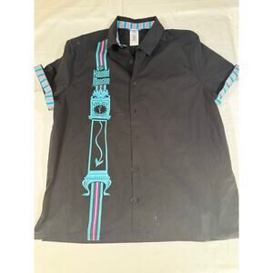 Disney Haunted Mansion Short Sleeve Button Up Shirt Mens L Black Striped Clock